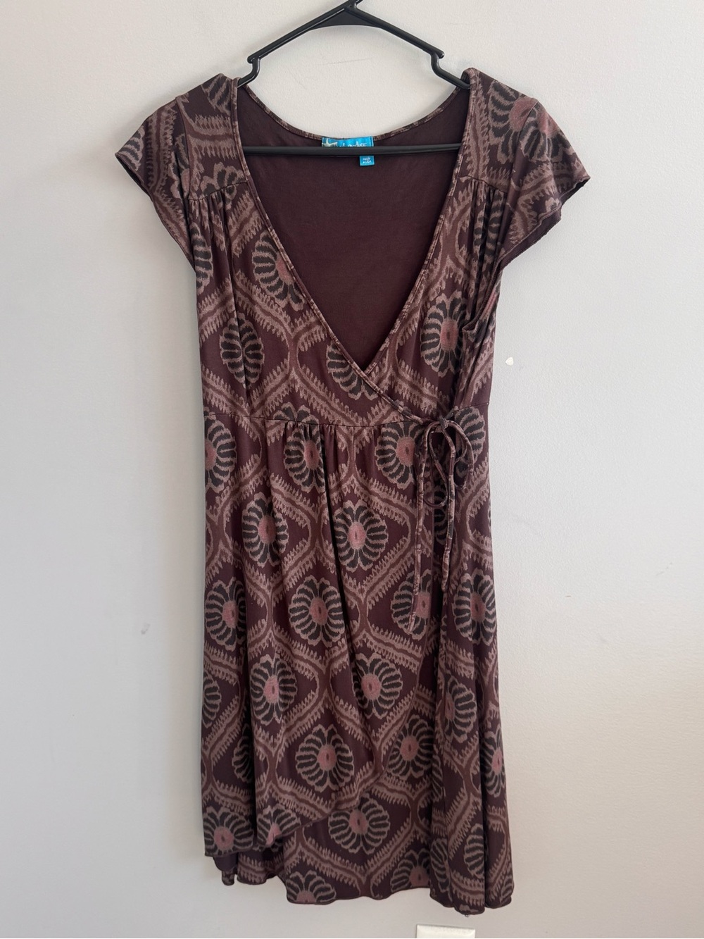 Fresh Produce Dress Small Brown Floral Faux Wrap Side Tie Made in USA